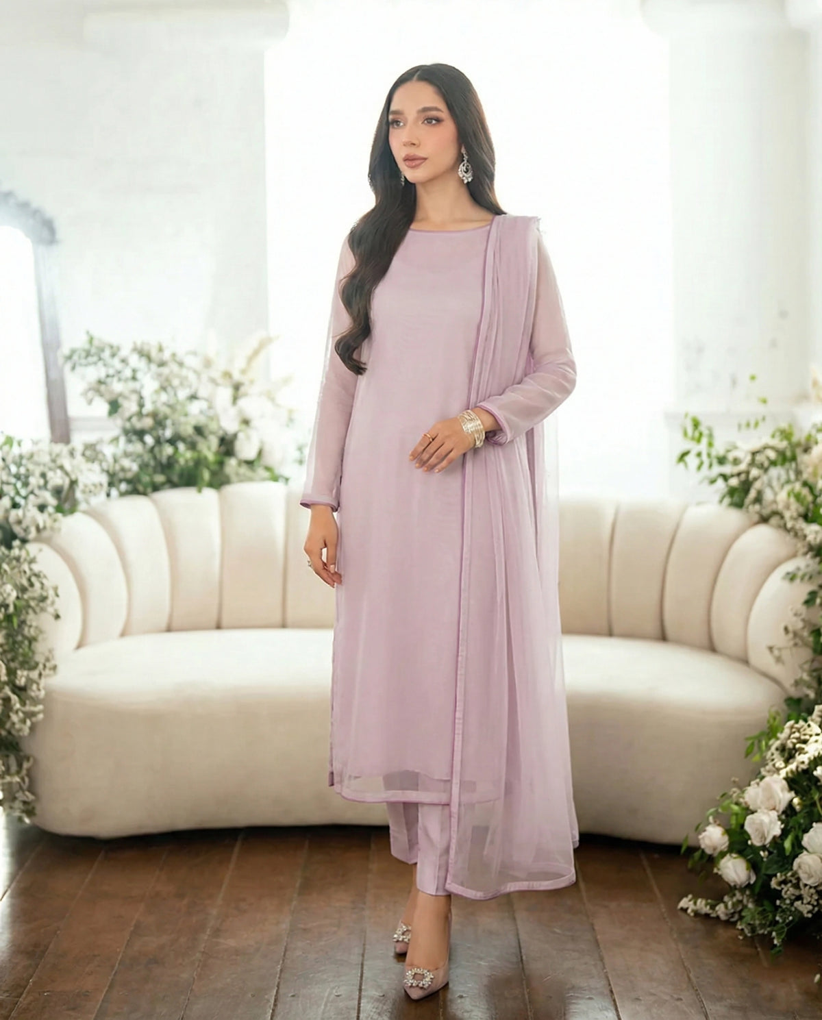 Mauve Lilac Minimal Kalidaar Bareeze Net Frock Set