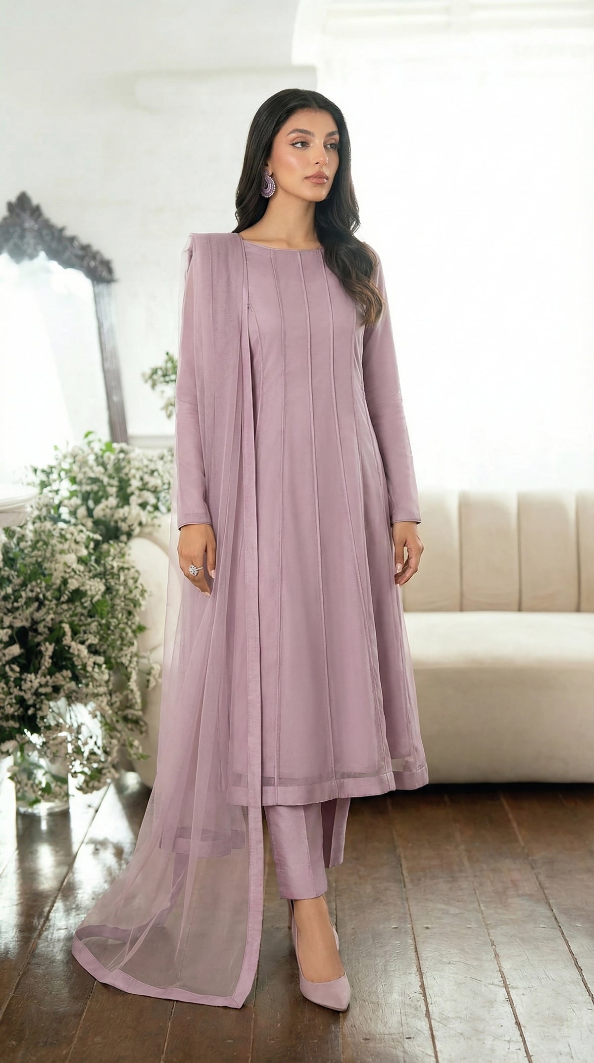 Mauve Lilac Minimal Kalidaar Bareeze Net Frock Set