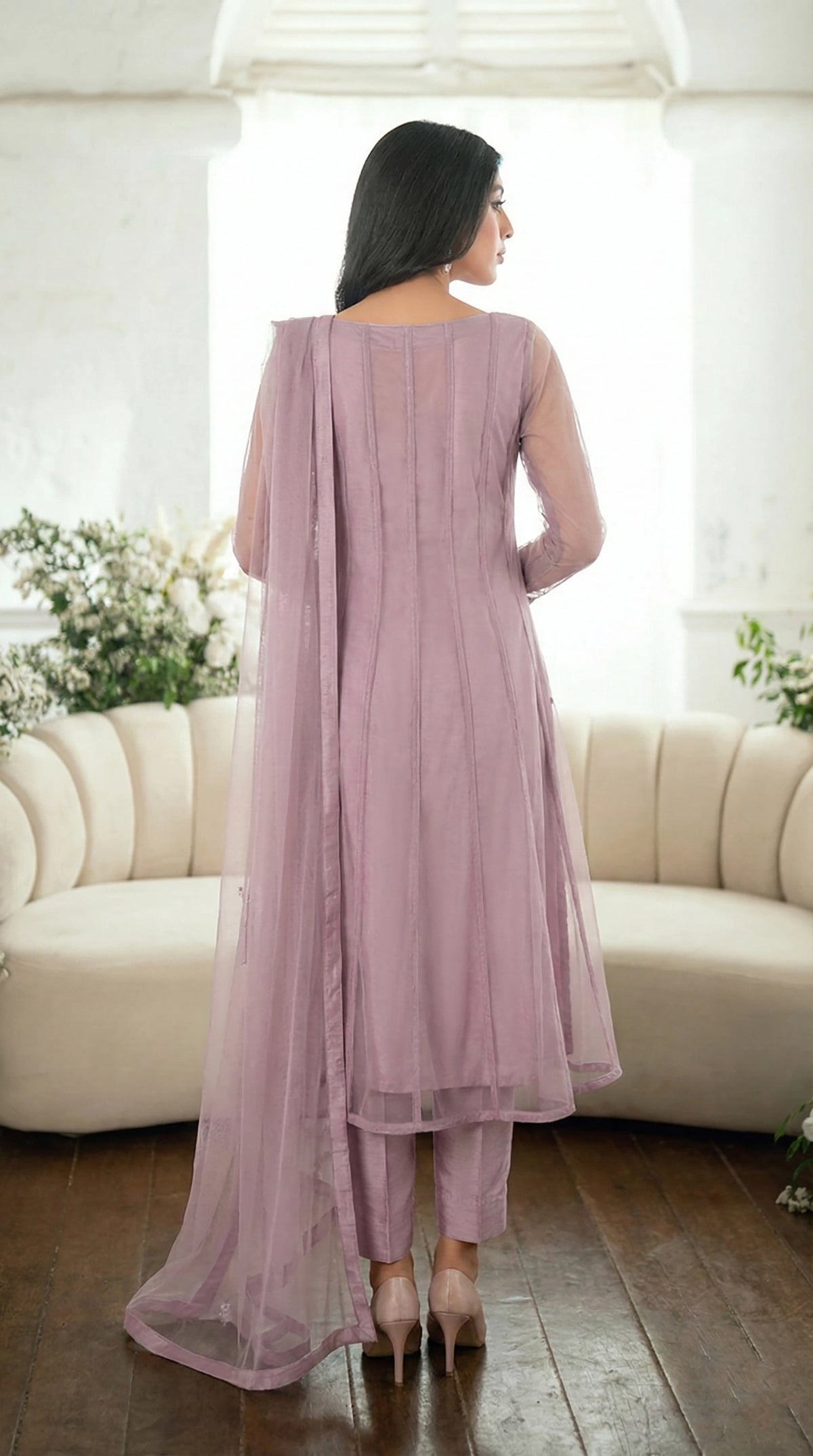 Mauve Lilac Minimal Kalidaar Bareeze Net Frock Set