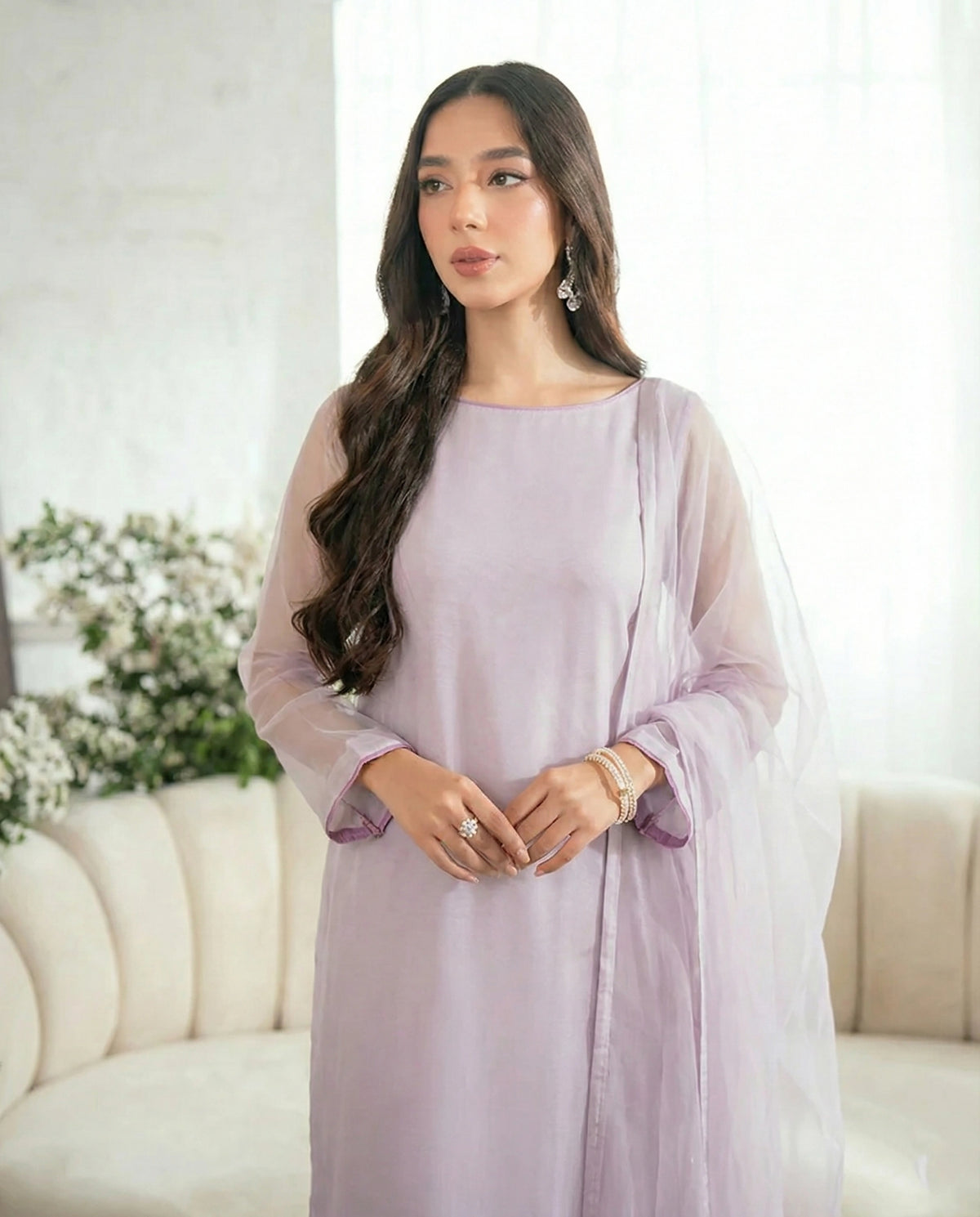 Pearl Lilac Straight Kurta – Sleeve Piping Detail