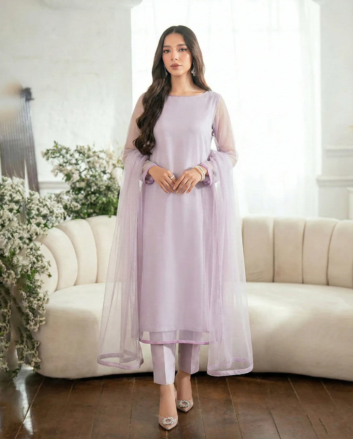 Pearl Lilac Straight Kurta – Sleeve Piping Detail