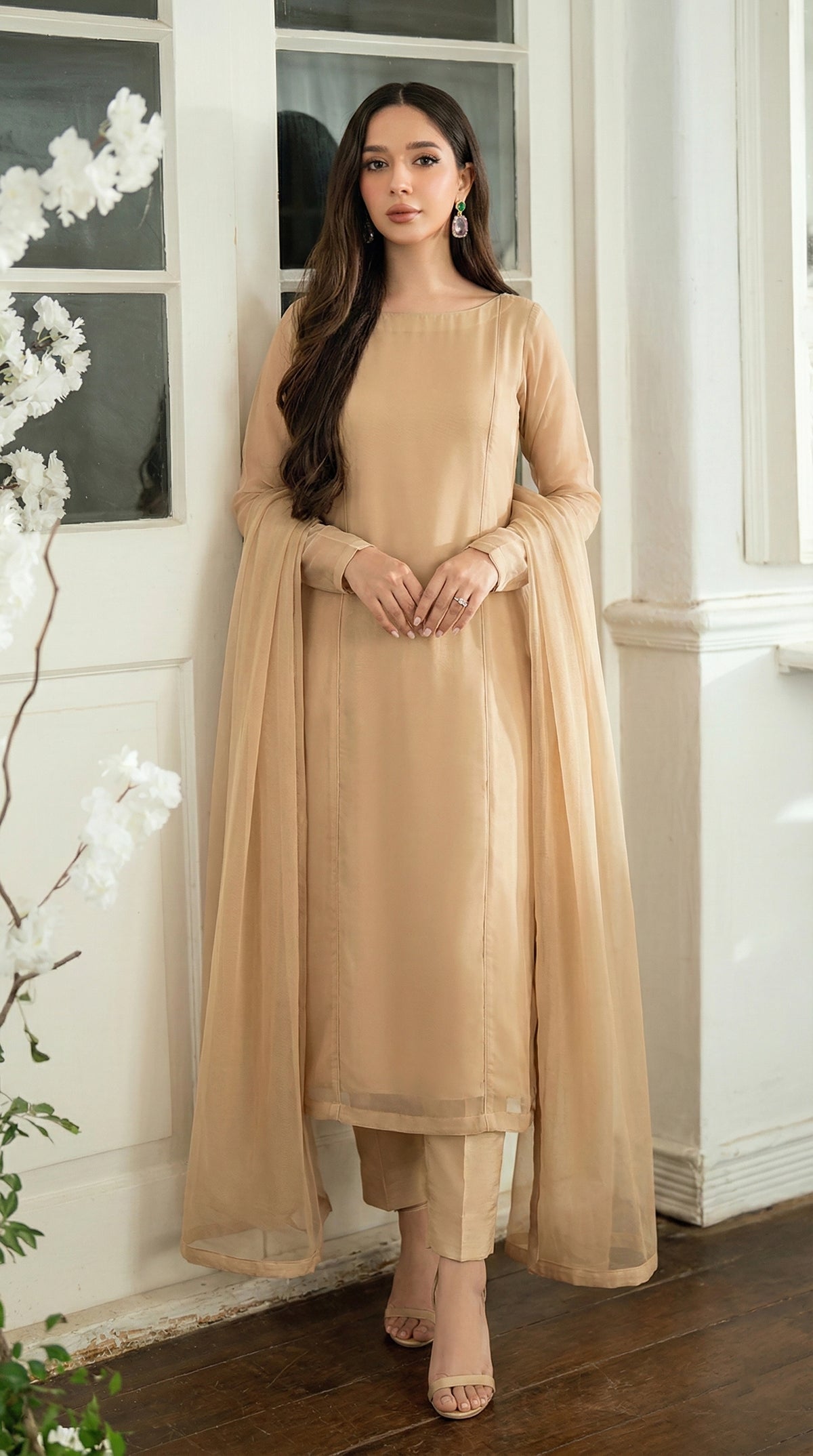 Champagne Beige Panel Cut Kurta – Bareeze Net Core Set
