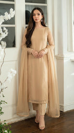 Champagne Beige Panel Cut Kurta – Bareeze Net Core Set