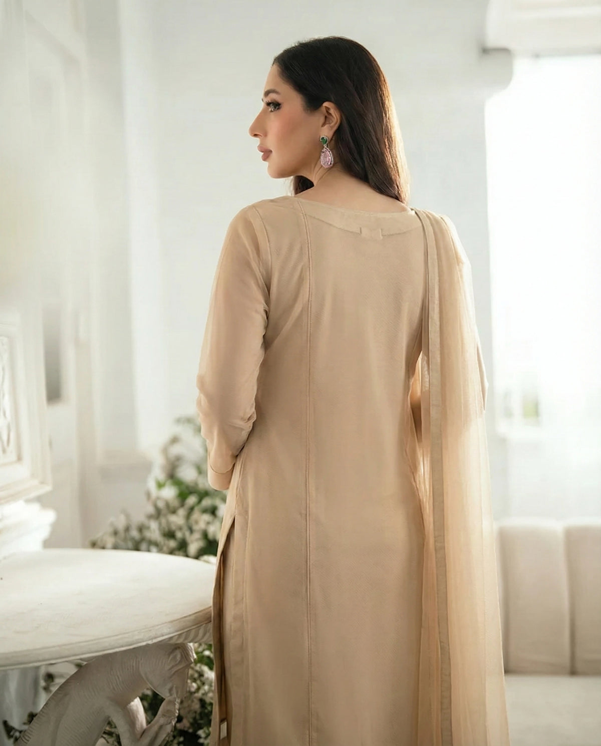 Champagne Beige Panel Cut Kurta – Bareeze Net Core Set