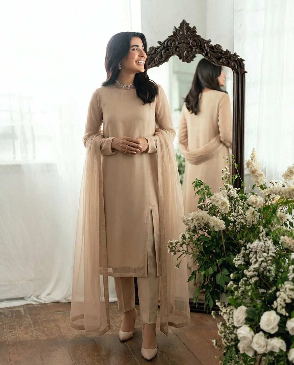 Sand Nude Angled Slit Shirt – Bareeze Net Core Set