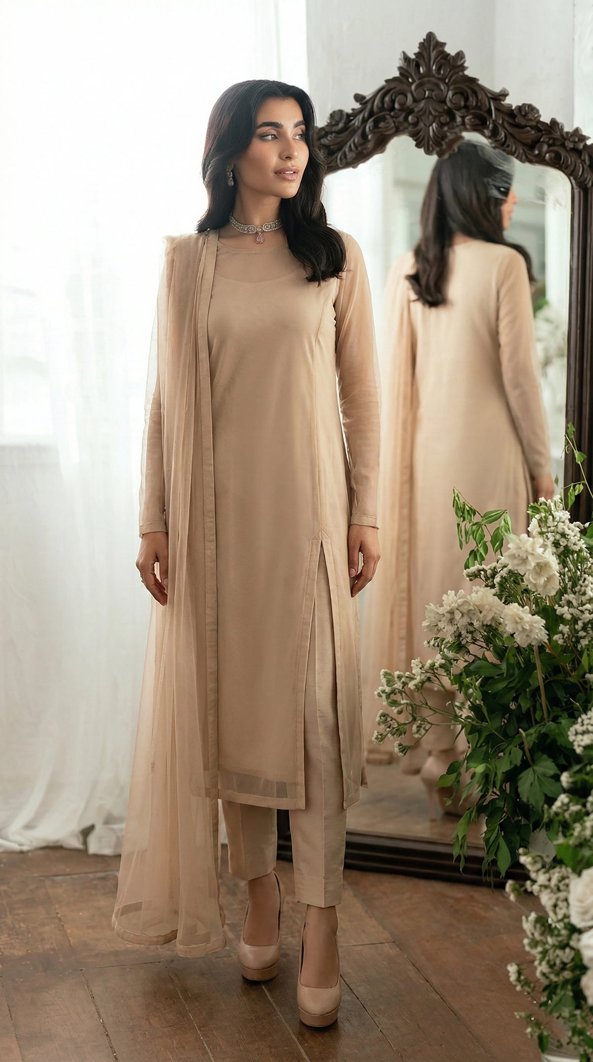 Sand Nude Angled Slit Shirt – Bareeze Net Core Set