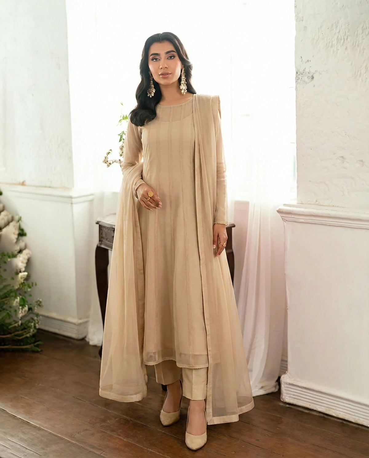 Almond Beige A-Line Kurta – Bareeze Net Core Set