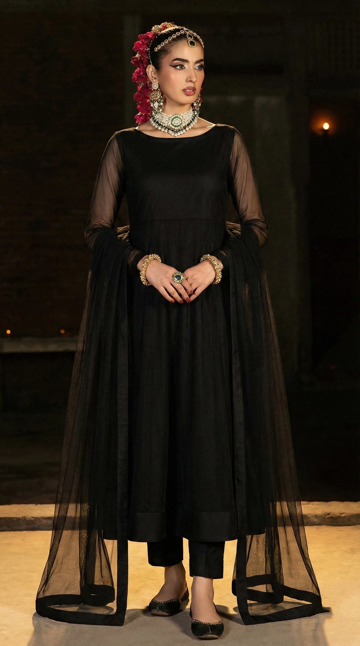 Midnight Black Full-Length Minimal Bareeze Net Frock Set