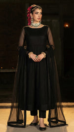 Midnight Black Full-Length Minimal Bareeze Net Frock Set