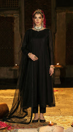 Midnight Black Full-Length Minimal Bareeze Net Frock Set