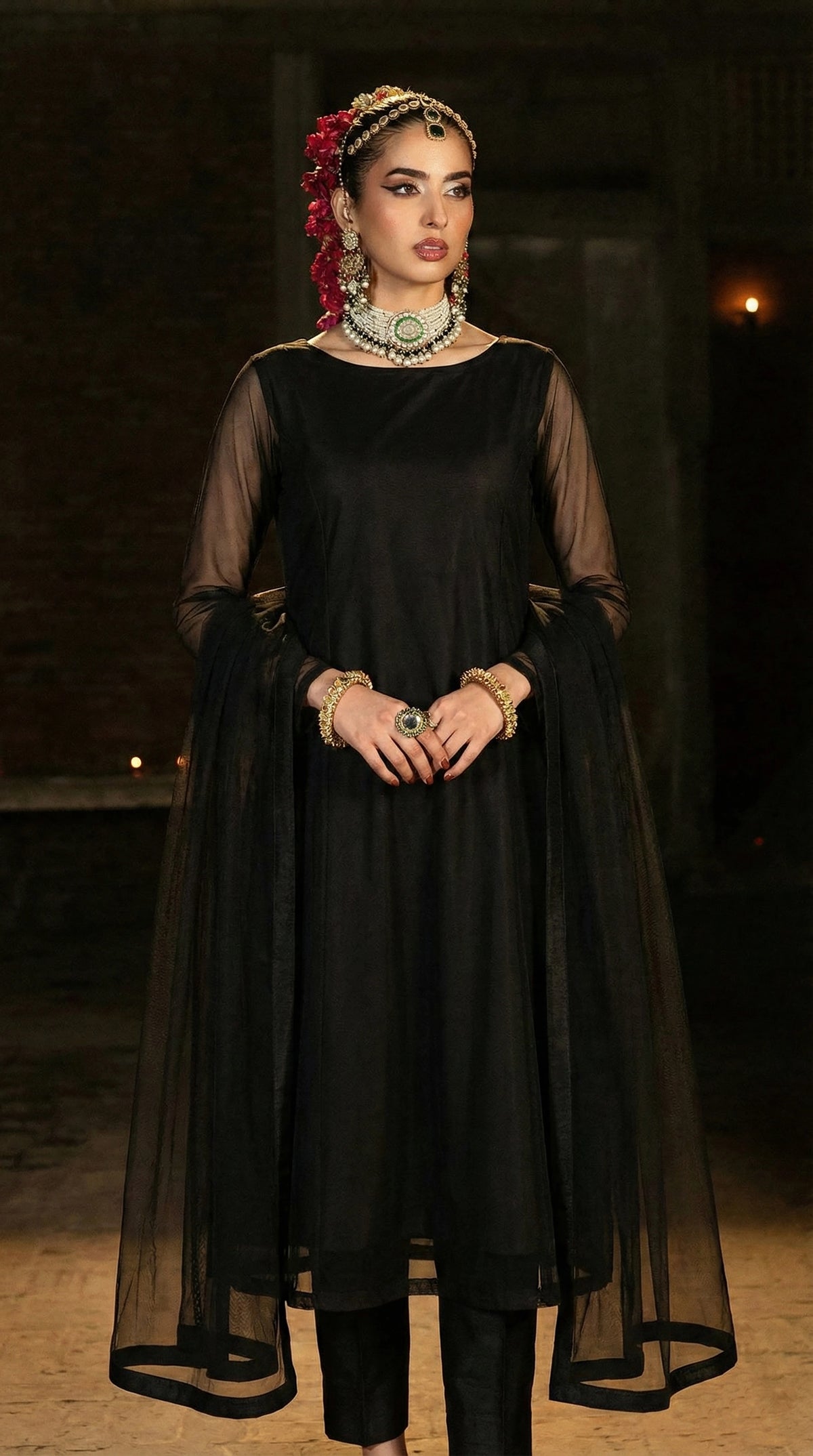 Midnight Black Full-Length Minimal Bareeze Net Frock Set