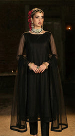 Midnight Black Full-Length Minimal Bareeze Net Frock Set