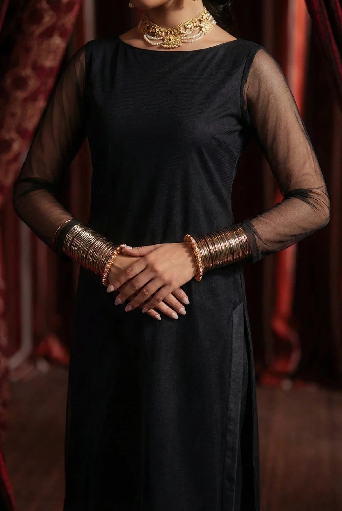 Coal Black High Slit Kurta – Bareeze Net Core