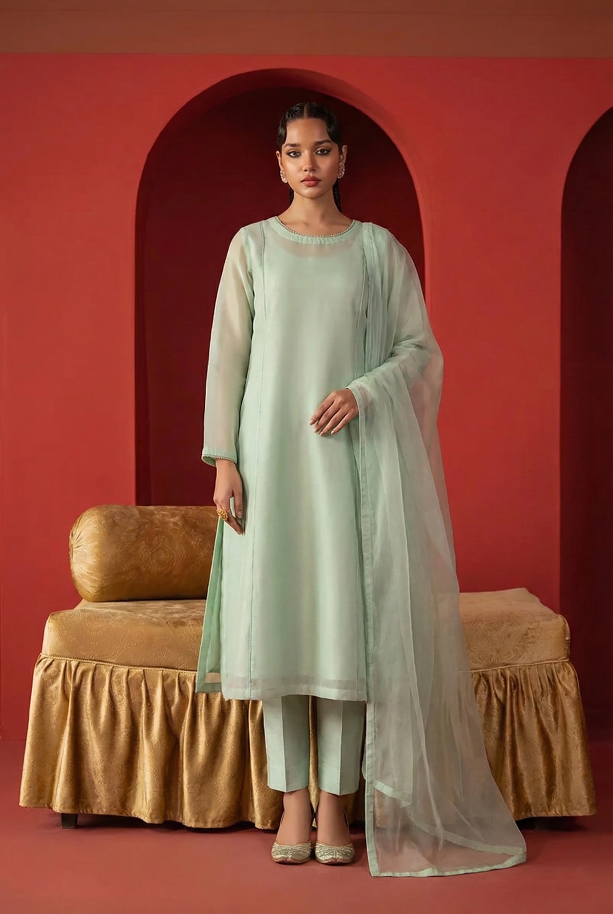 Pastel Green A-Line Organza Kurta – Luxury Minimal Core