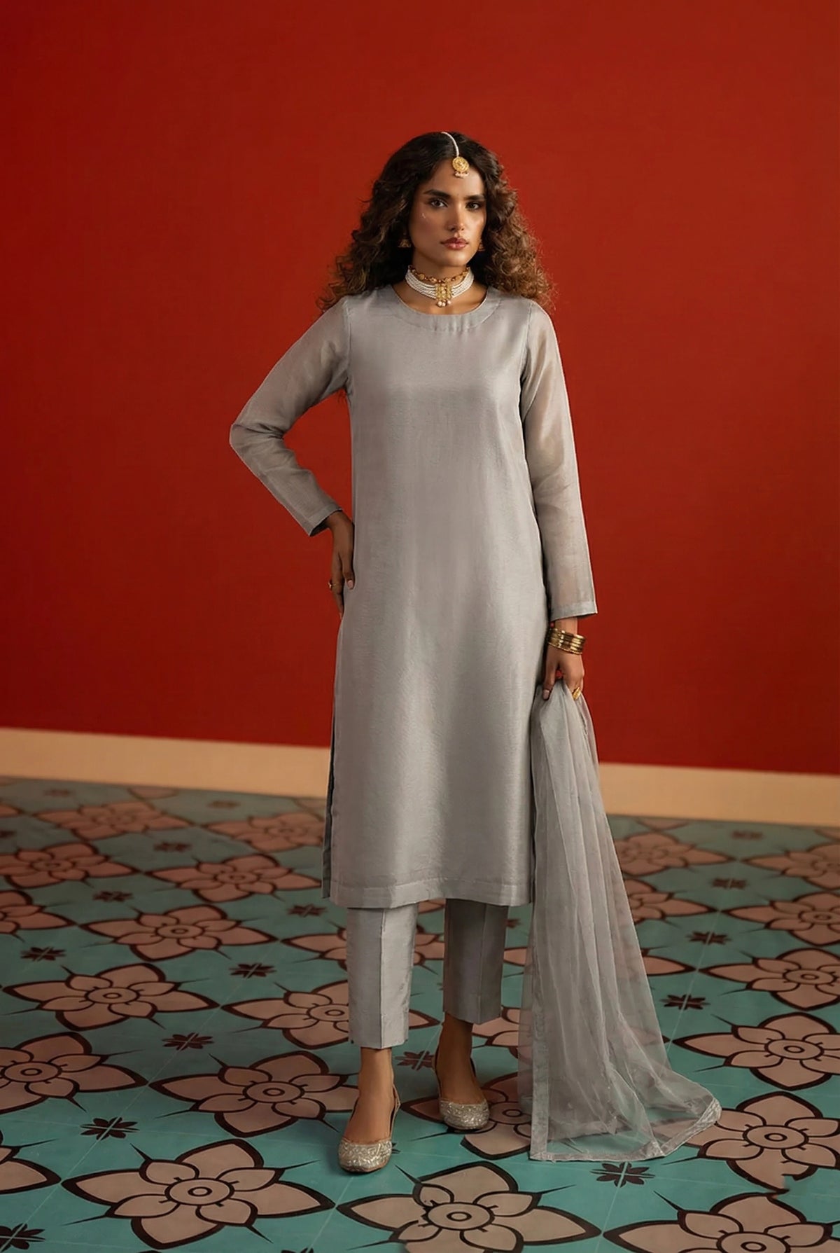Zinc Grey Box Cut Organza Kurta – Luxury Minimal Core
