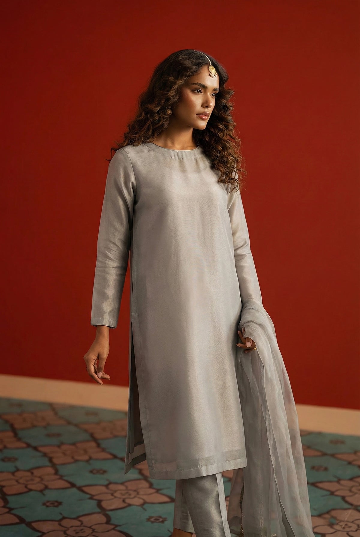 Zinc Grey Box Cut Organza Kurta – Luxury Minimal Core