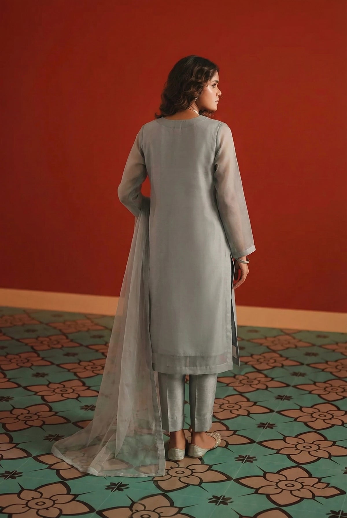 Zinc Grey Box Cut Organza Kurta – Luxury Minimal Core