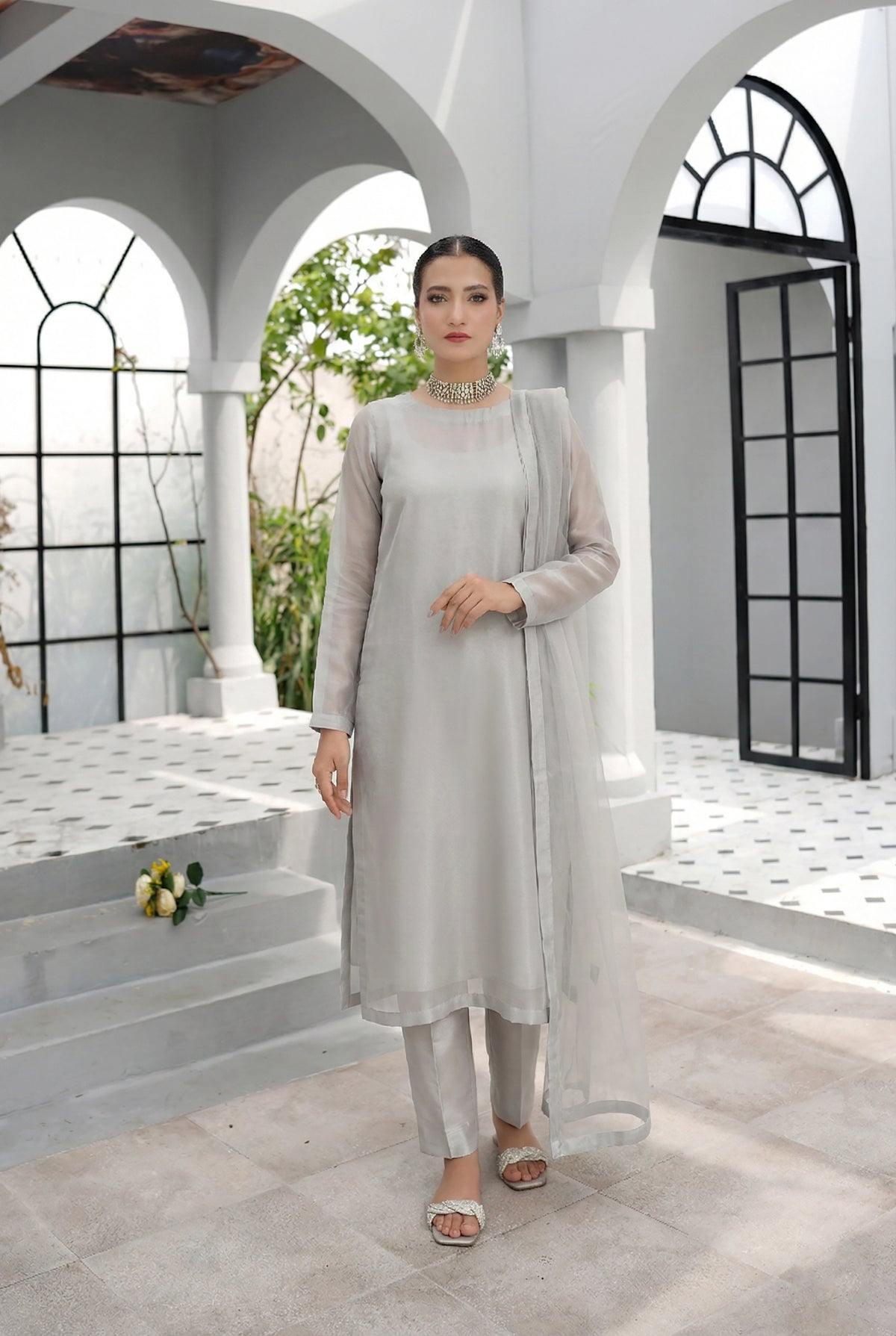 Pearl Zinc High Slit Organza Kurta – Luxury Minimal Core