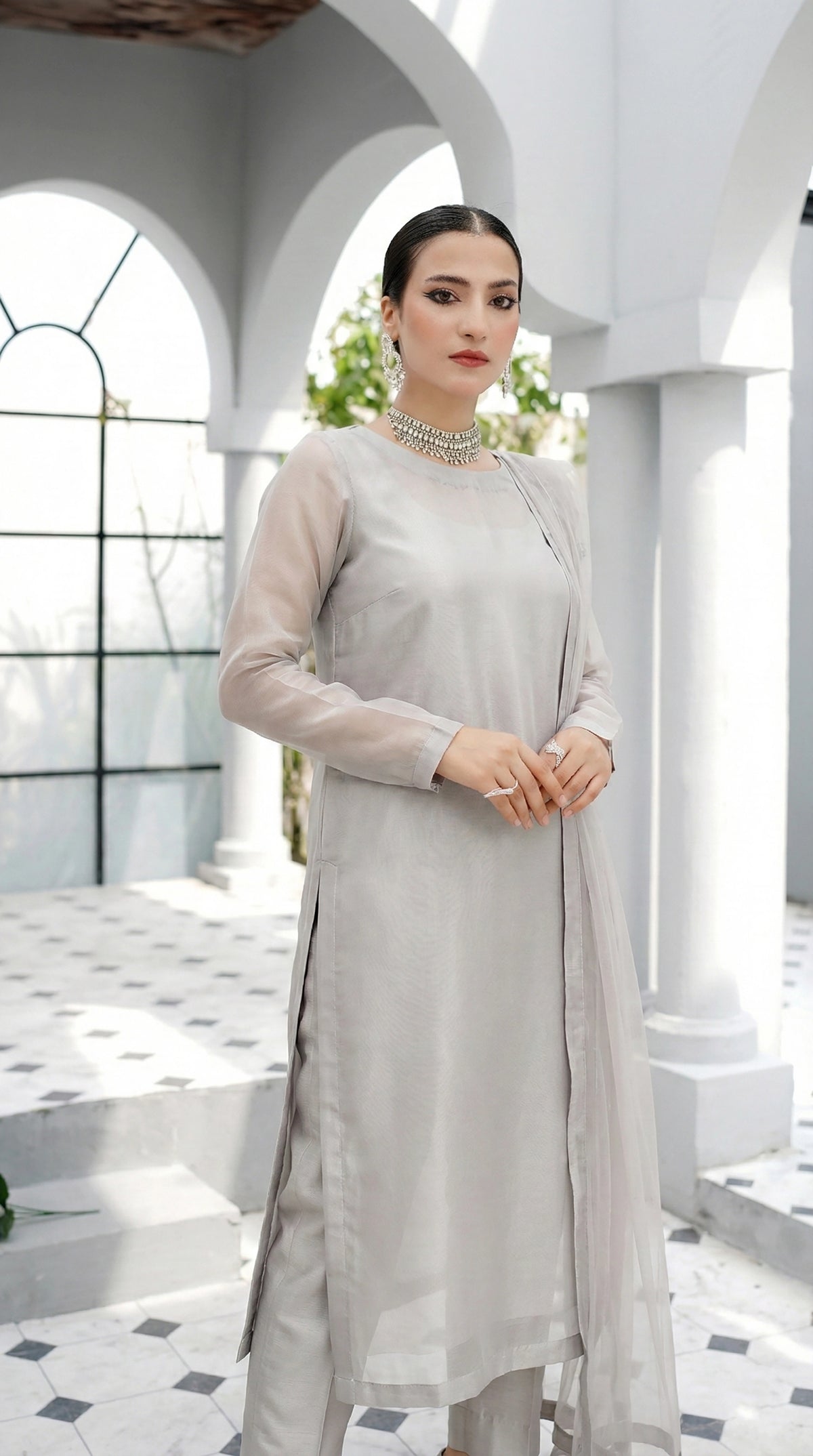 Pearl Zinc High Slit Organza Kurta – Luxury Minimal Core