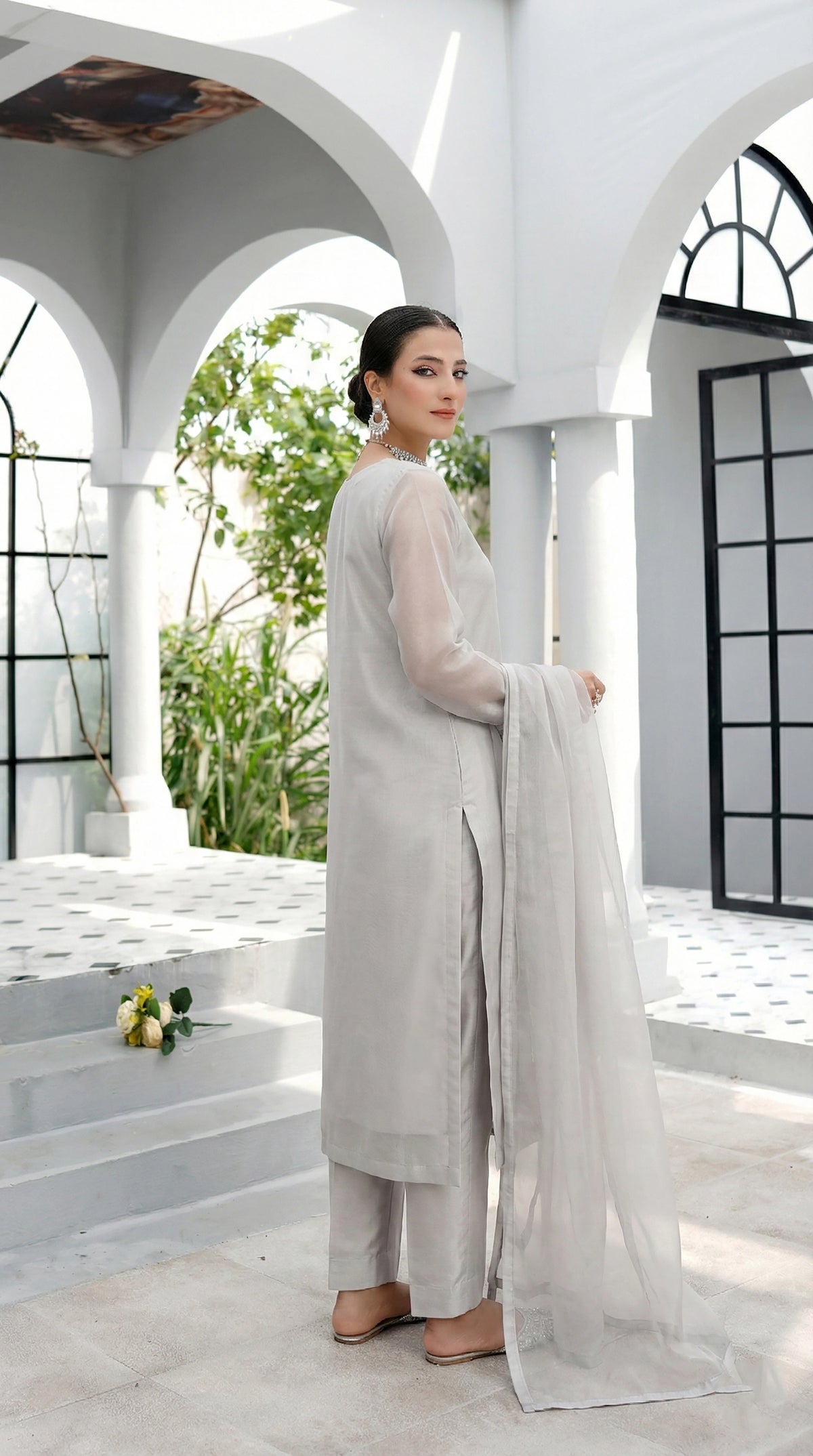 Pearl Zinc High Slit Organza Kurta – Luxury Minimal Core