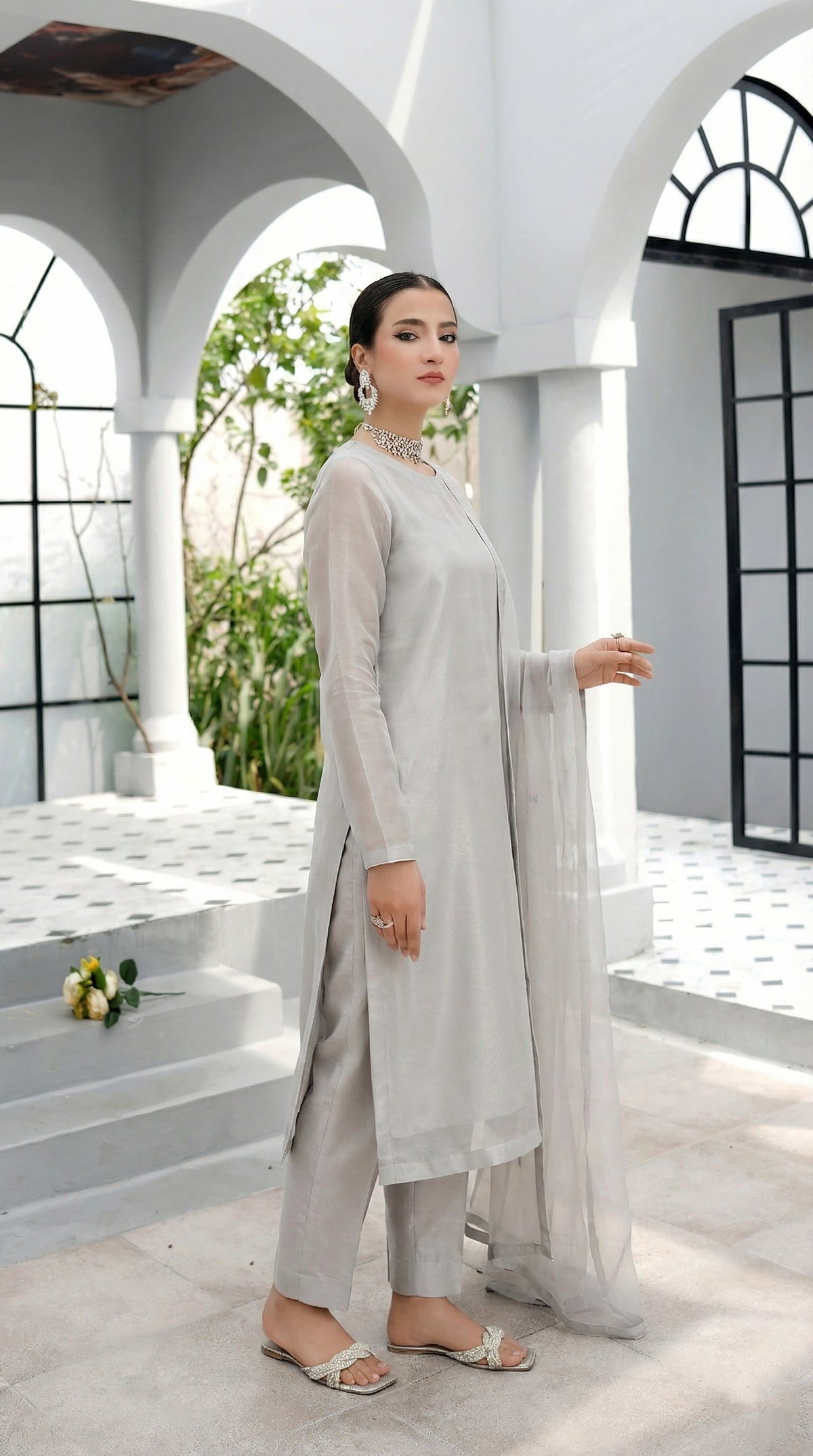 Pearl Zinc High Slit Organza Kurta – Luxury Minimal Core