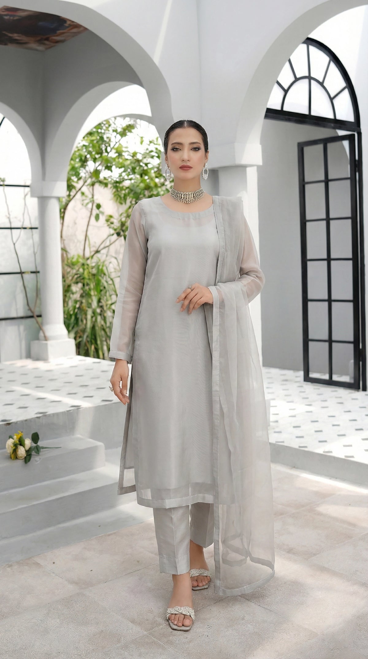 Pearl Zinc High Slit Organza Kurta – Luxury Minimal Core