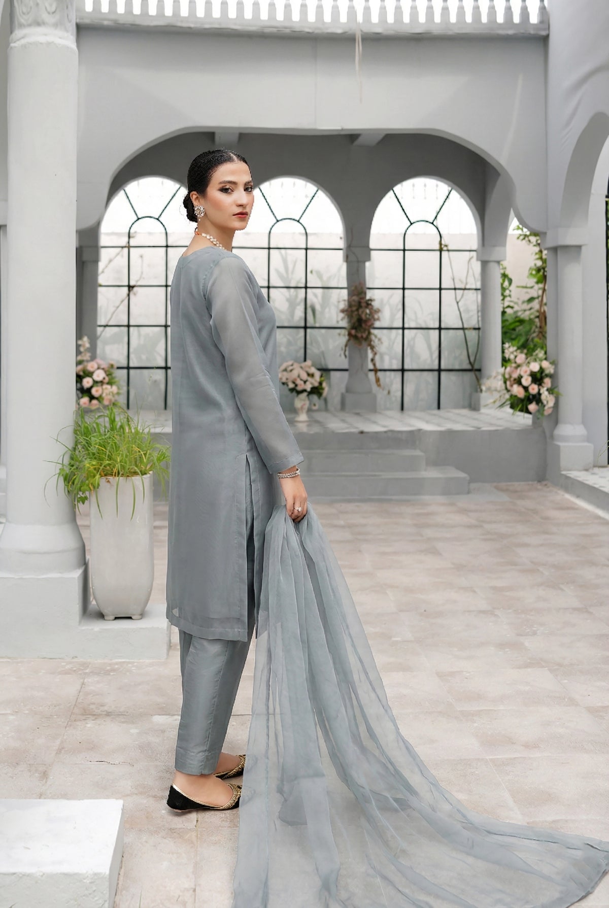 Smoke Zinc Panel Organza Kurta – Luxury Minimal Core