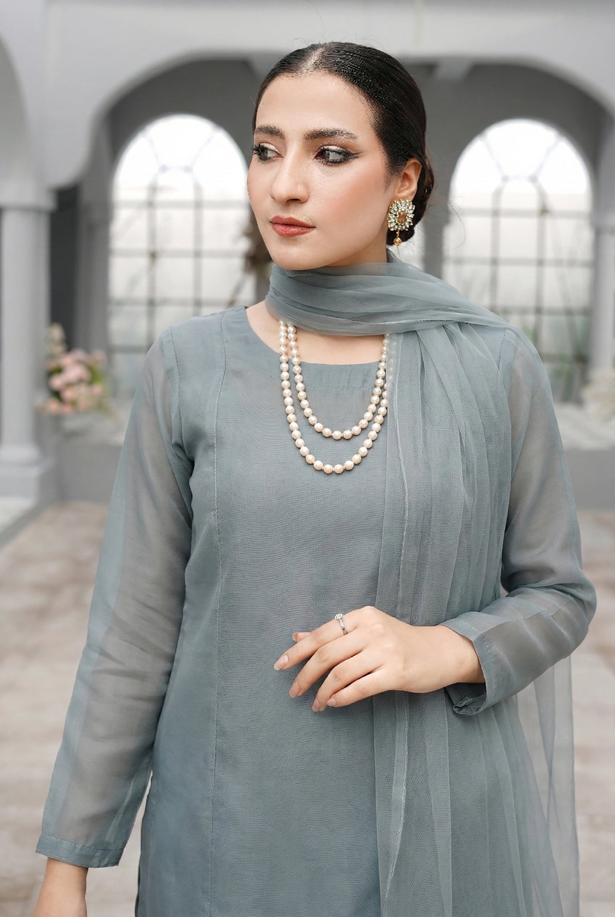 Smoke Zinc Panel Organza Kurta – Luxury Minimal Core