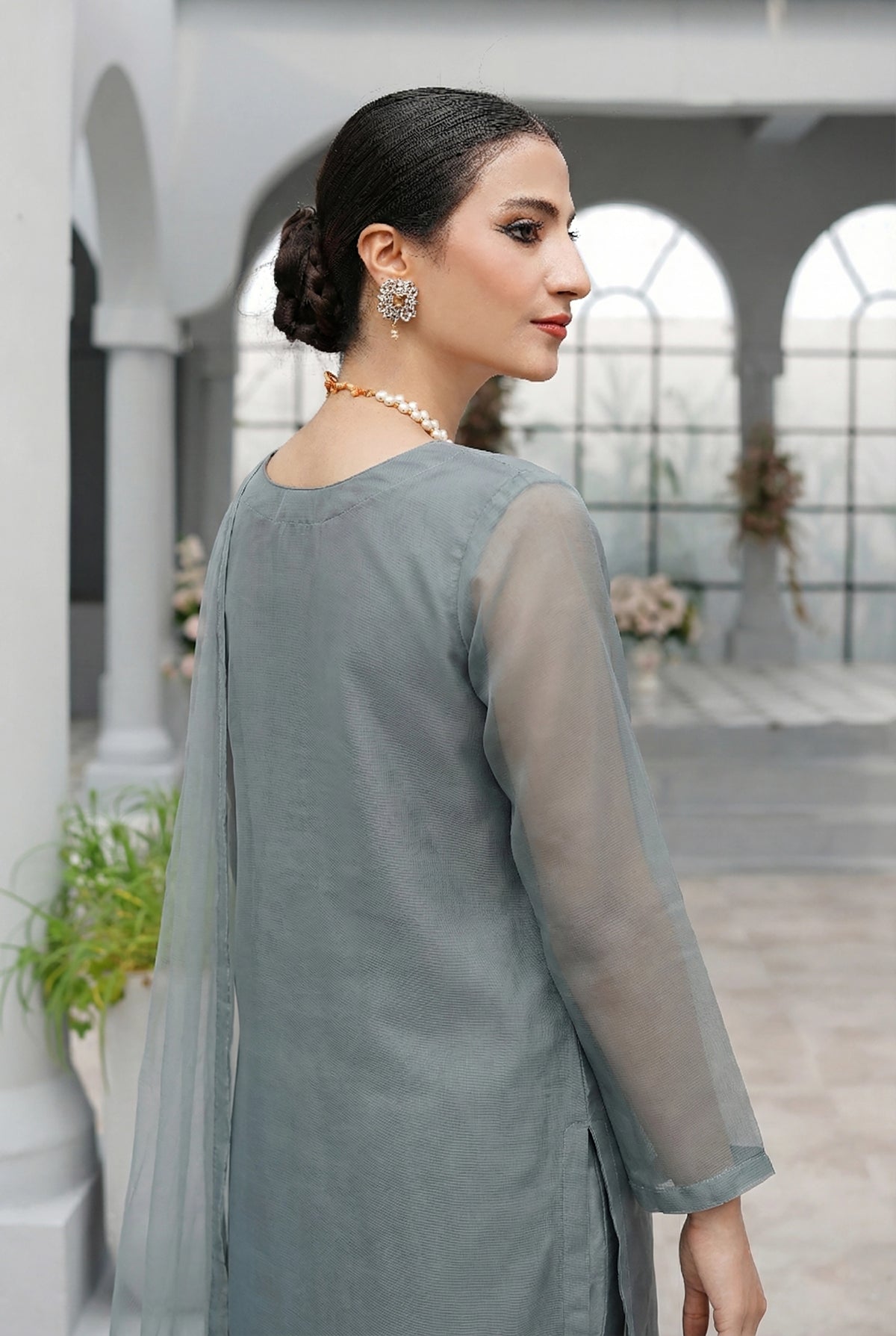 Smoke Zinc Panel Organza Kurta – Luxury Minimal Core