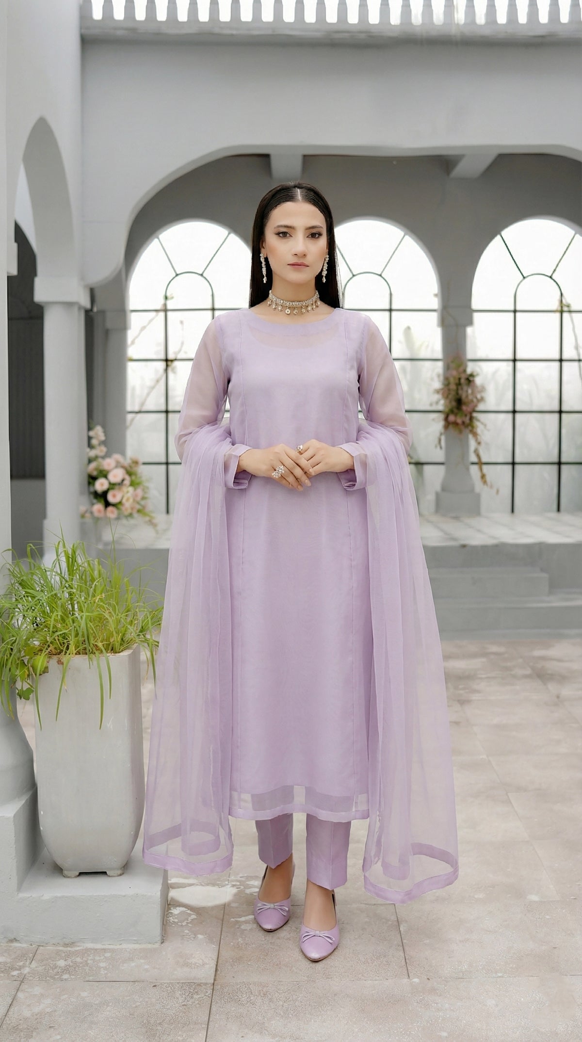 Dust Blue Minimal Kalidaar Organza Frock Set