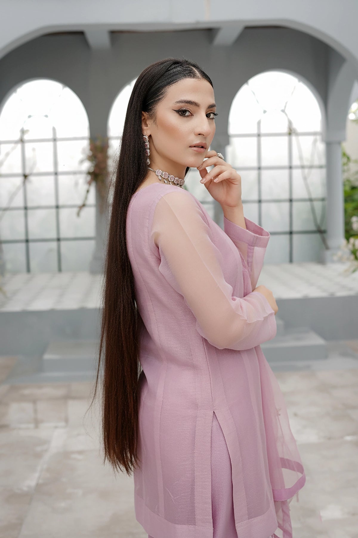 Dust Blue Minimal Kalidaar Organza Frock Set