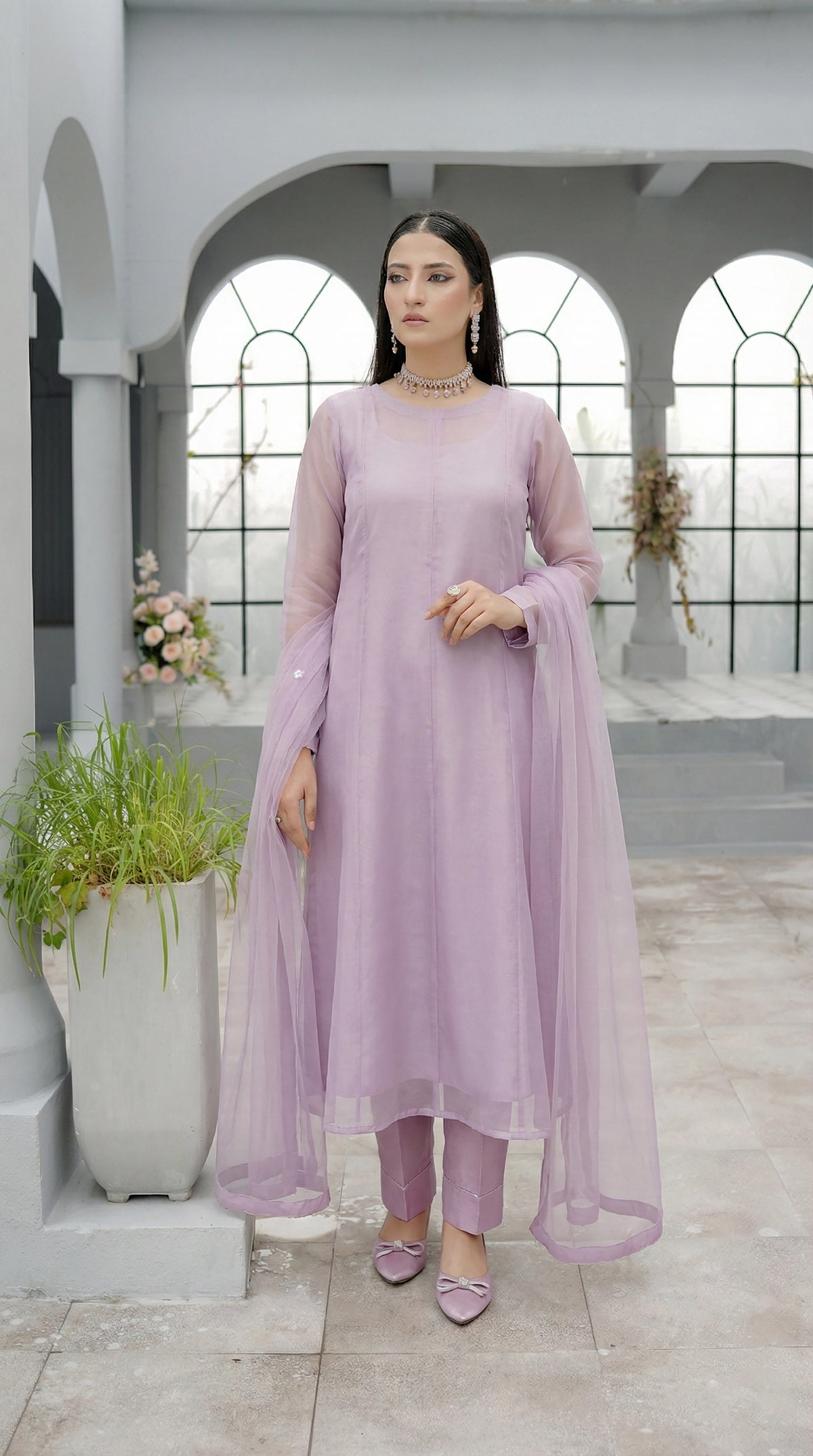 Dust Blue Minimal Kalidaar Organza Frock Set