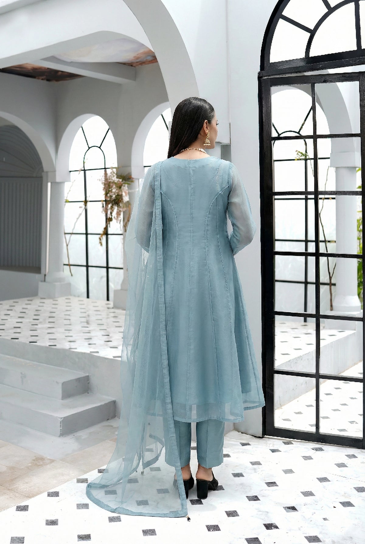 Dust Blue Minimal Kalidaar Organza Frock Set