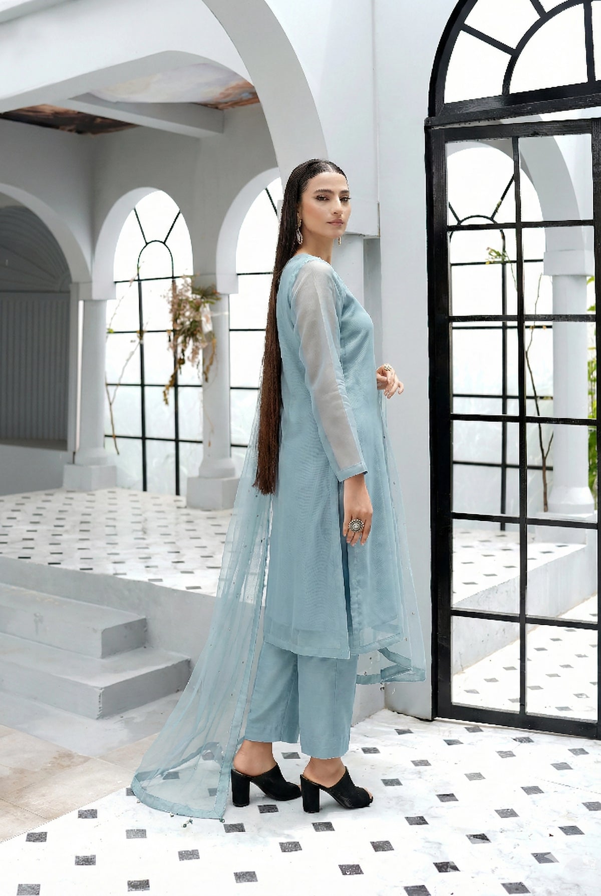 Dust Blue Minimal Kalidaar Organza Frock Set