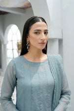 Dust Blue Minimal Kalidaar Organza Frock Set