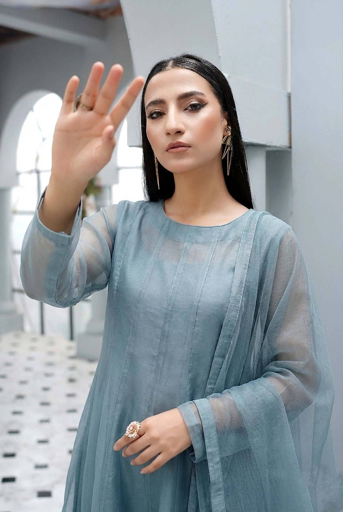 Dust Blue Minimal Kalidaar Organza Frock Set