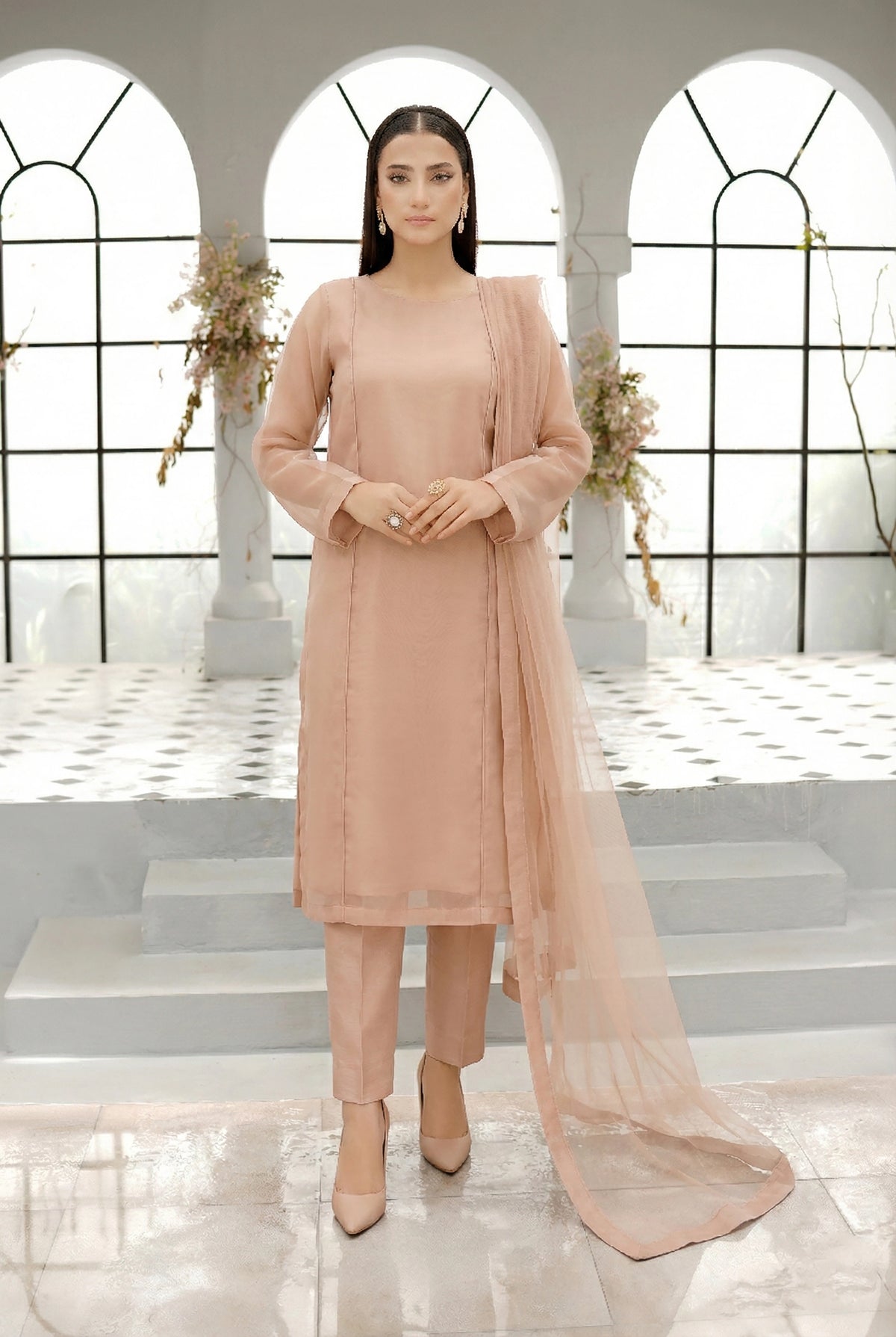 Blush Nude Long Straight Organza Frock Set