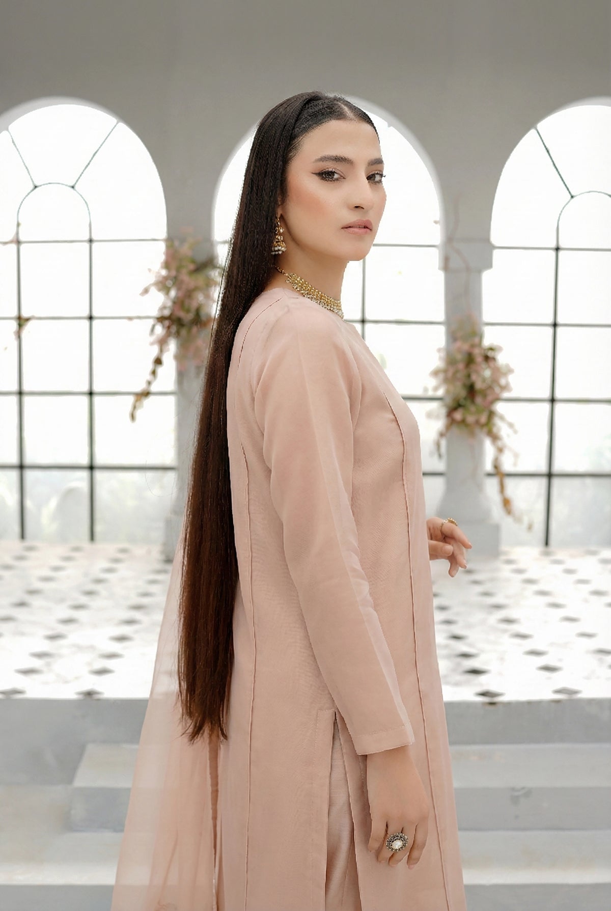 Blush Nude Long Straight Organza Frock Set