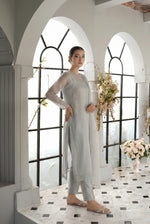 Pearl Grey Front Slit Chiffon Frock Set