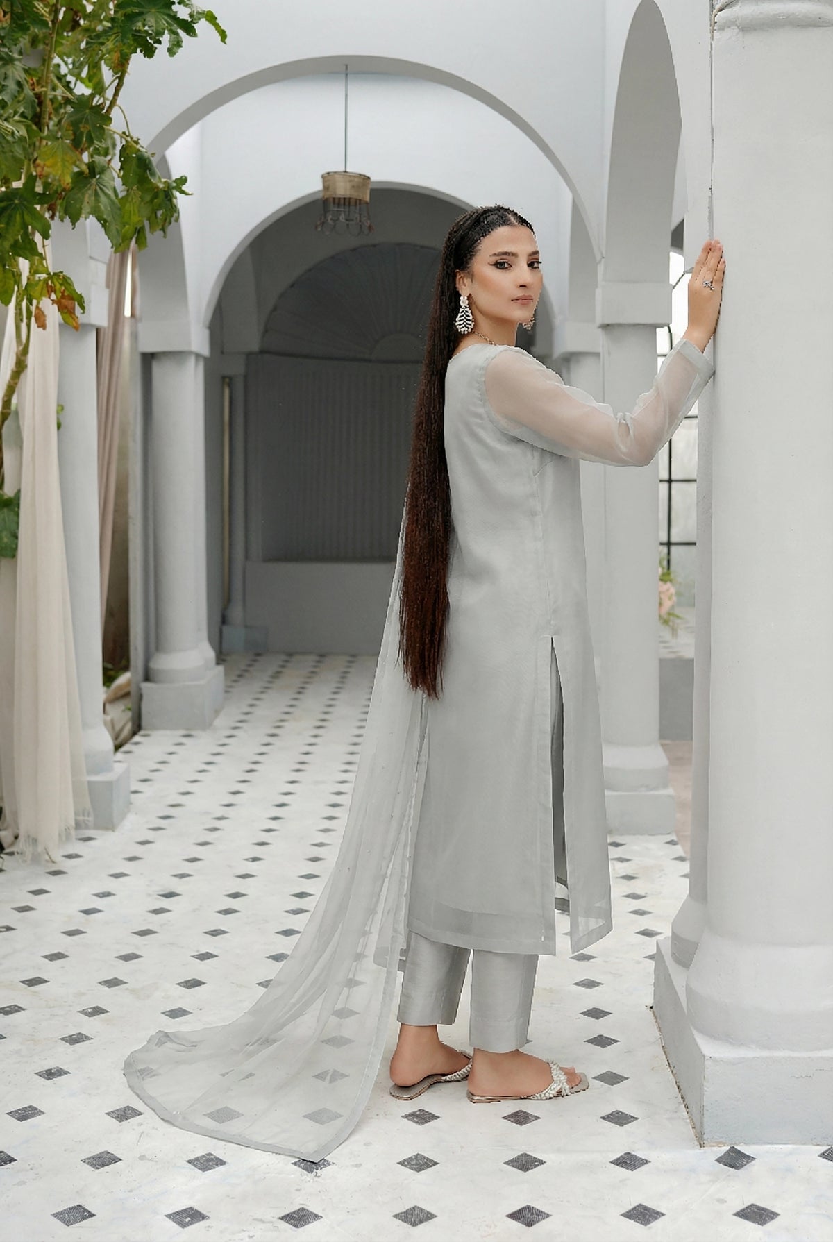 Pearl Grey Front Slit Chiffon Frock Set