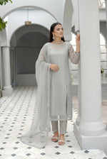 Pearl Grey Front Slit Chiffon Frock Set