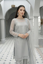 Pearl Grey Front Slit Chiffon Frock Set
