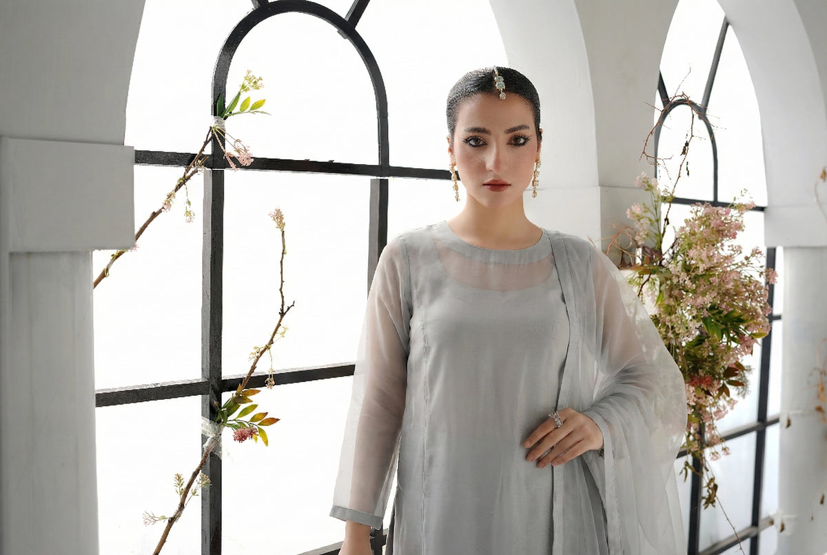 Pearl Grey Front Slit Chiffon Frock Set