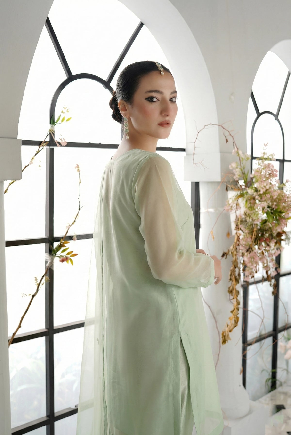 Soft Pistachio Flow Slit Chiffon Frock Set