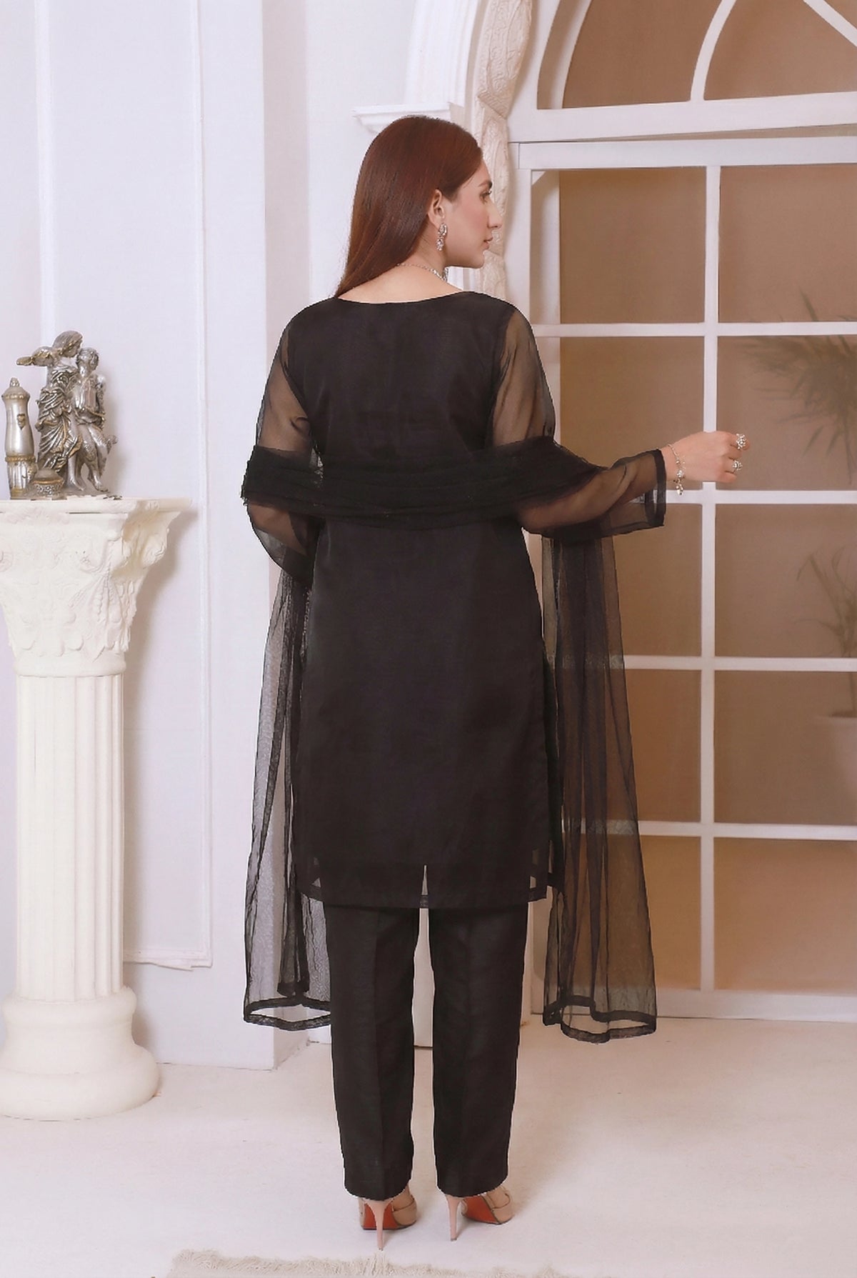 Classic Black Front Slit Chiffon Frock Set