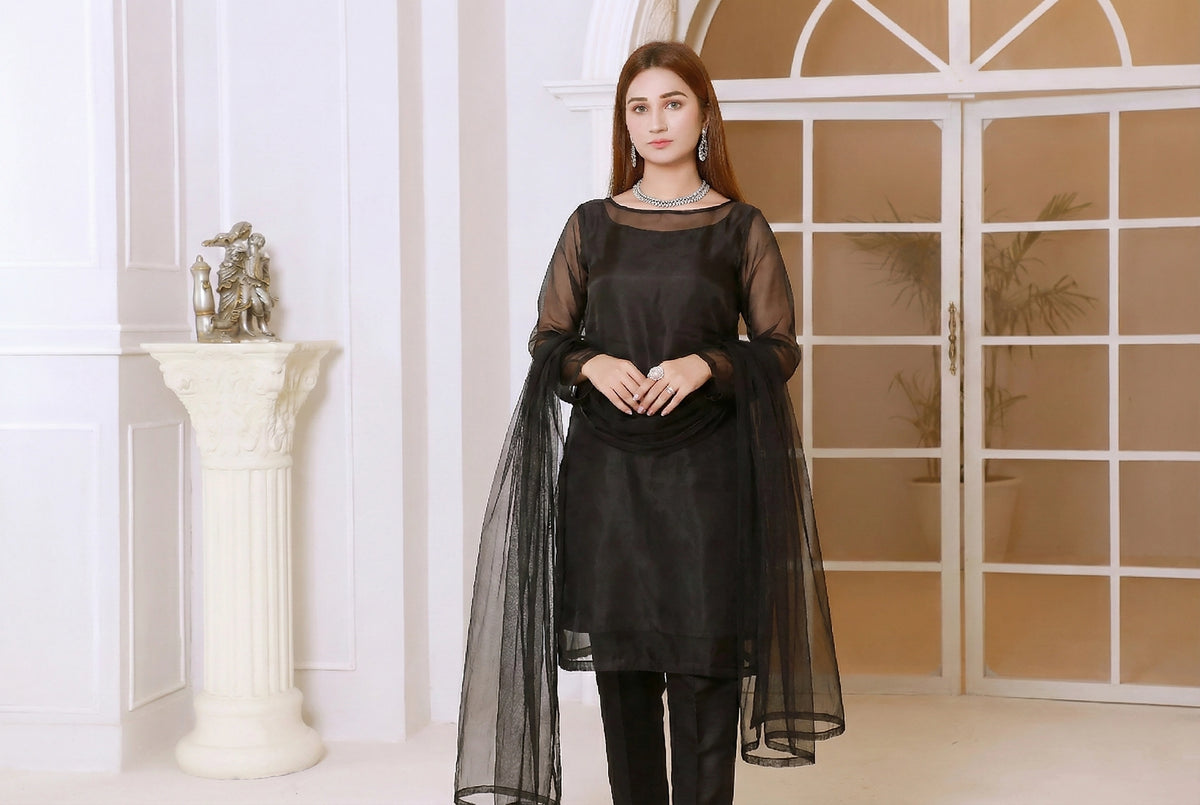 Classic Black Front Slit Chiffon Frock Set