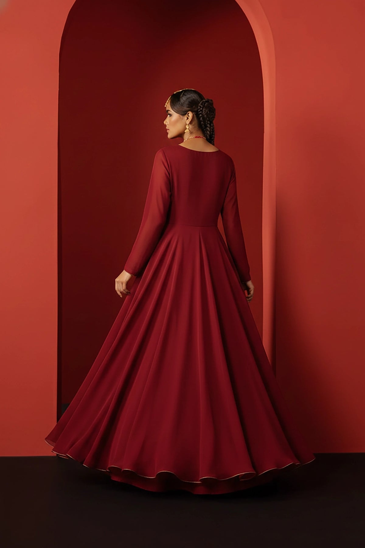 Wine Red Front Slit Chiffon Frock Set