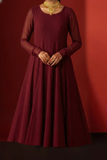 Wine Red Front Slit Chiffon Frock Set