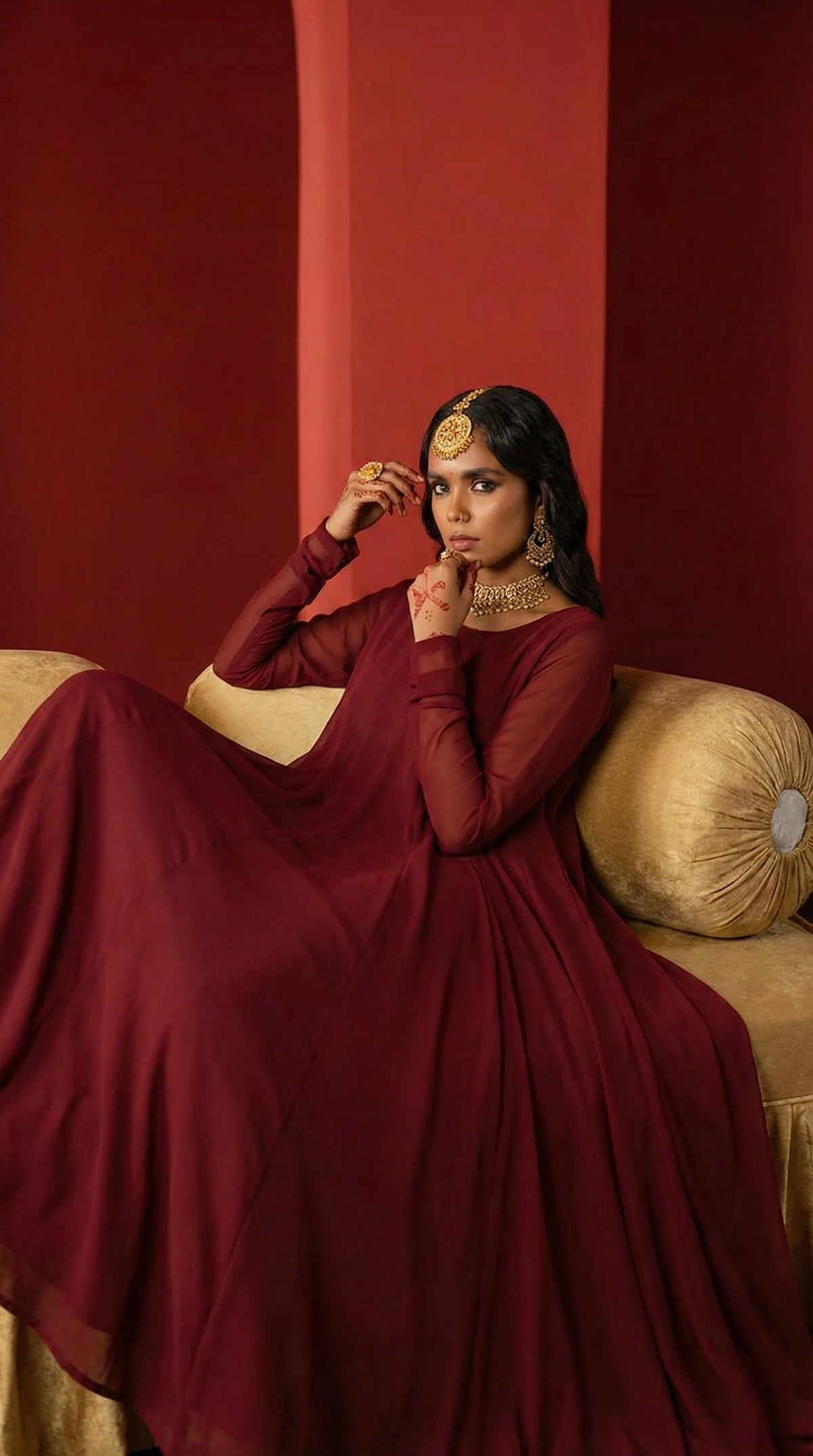 Wine Red Front Slit Chiffon Frock Set