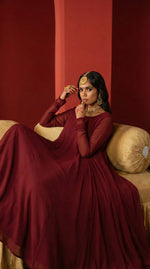 Wine Red Front Slit Chiffon Frock Set